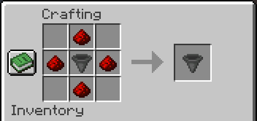 Herstellrezept für den Trichter der monatlichen Aufgaben. Herstellbar aus 4 Mal Redstonestaub sowie einem Trichter.